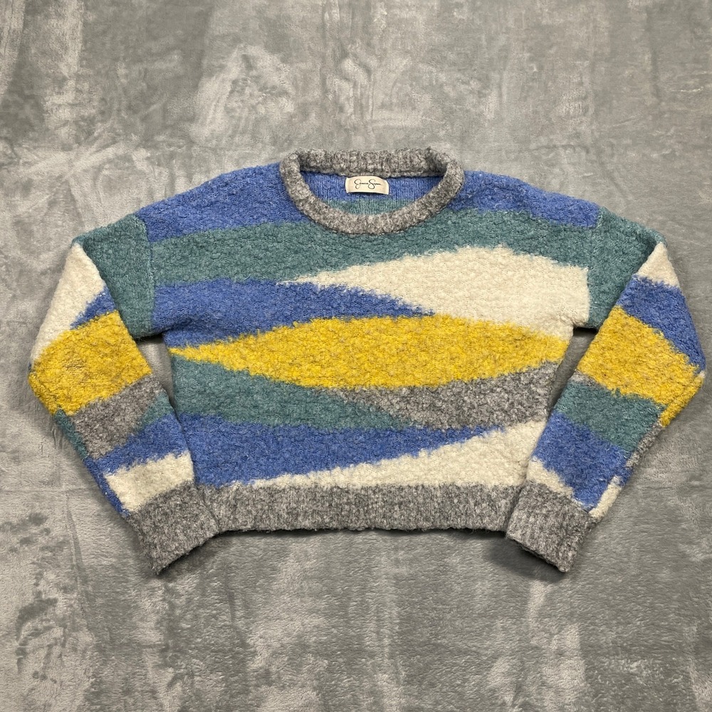 Jessica Simpson Sweater Womens XS Blue Yellow Wool Blend Knit Crop Pullover
